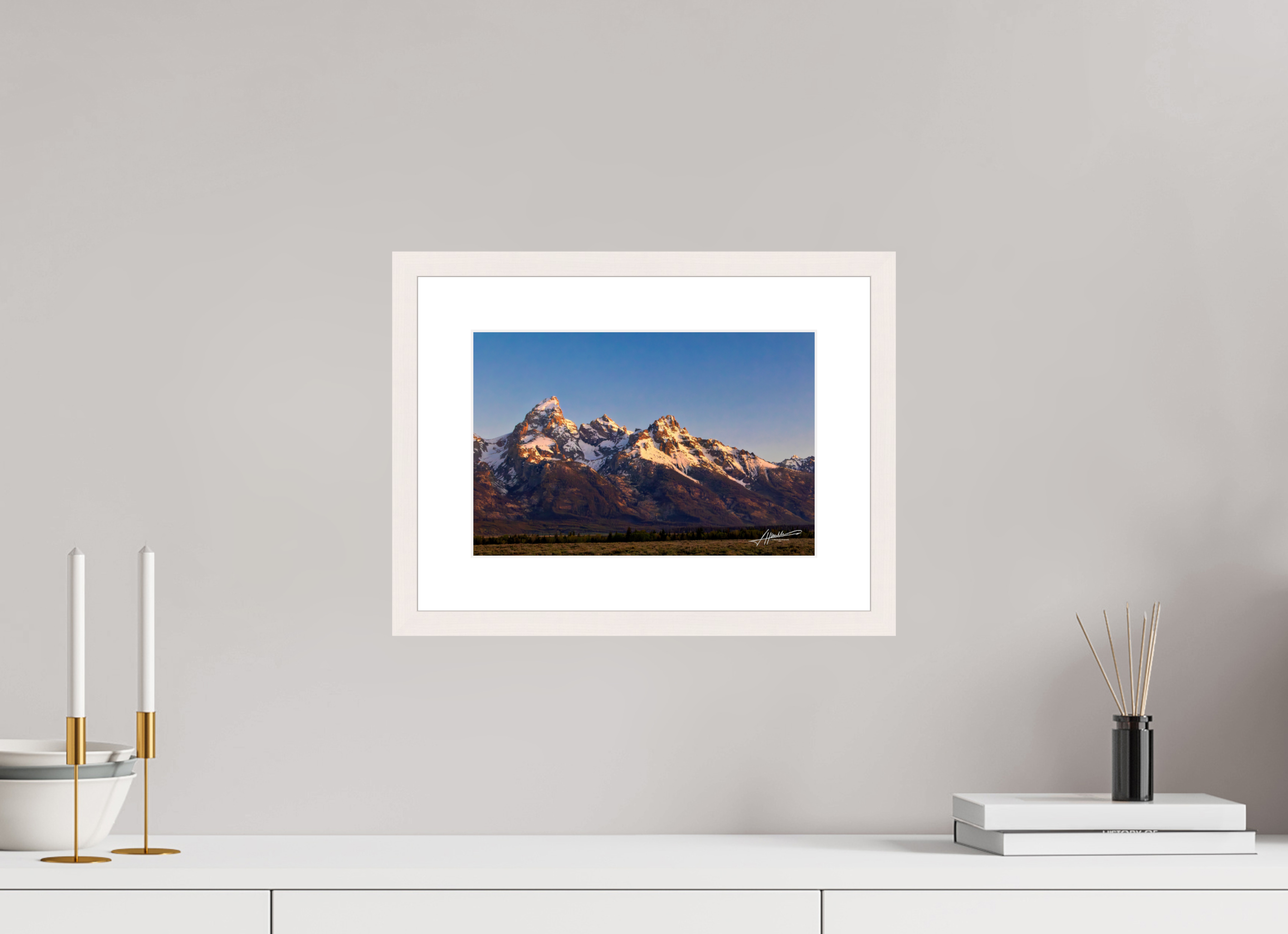 12 x 8″, Solid Wood Frame with Passe-partout Sunrising on the Tetons