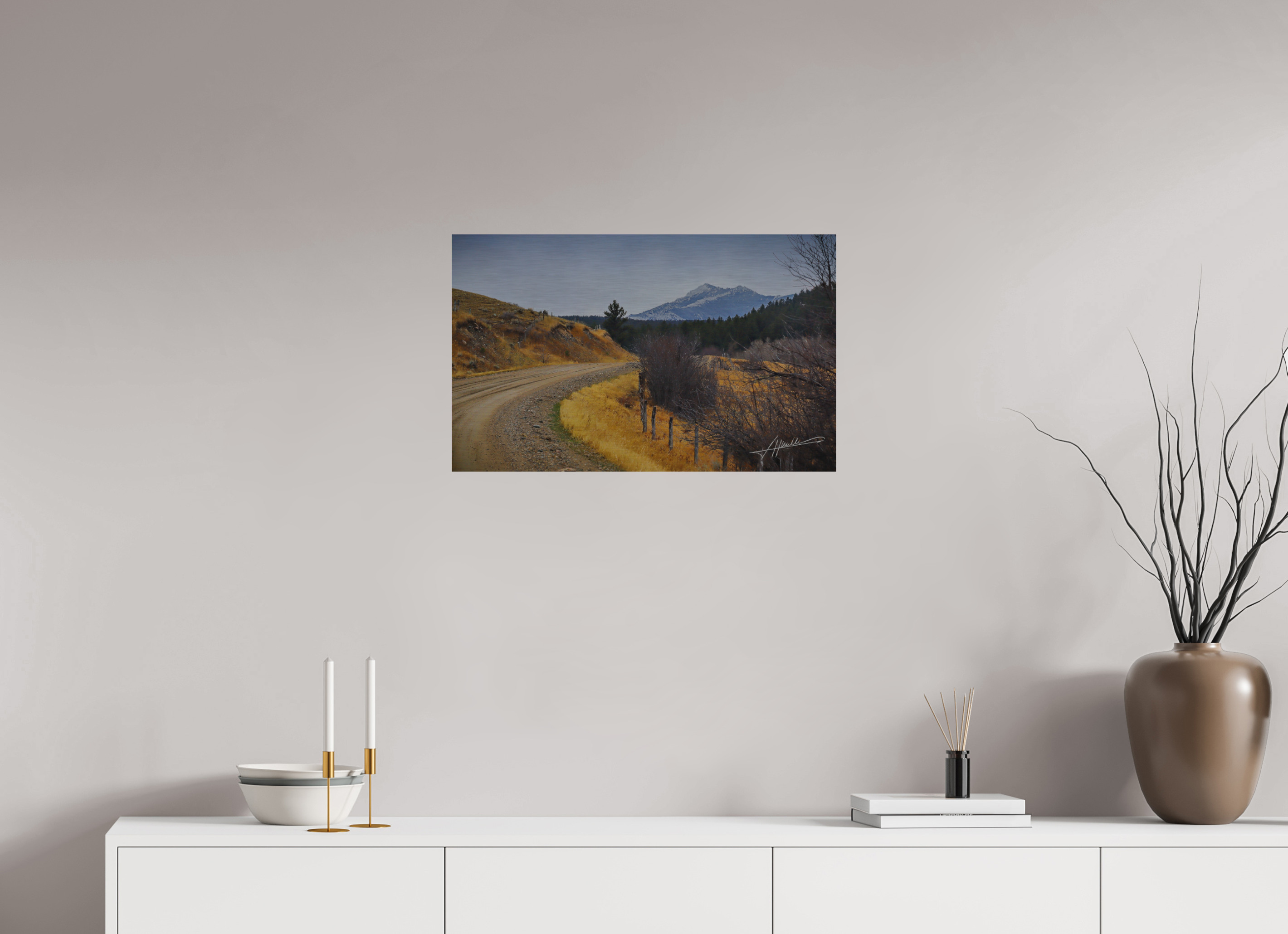 25.9 x 16″, Direct Brushed Aluminum The Road to Adventure