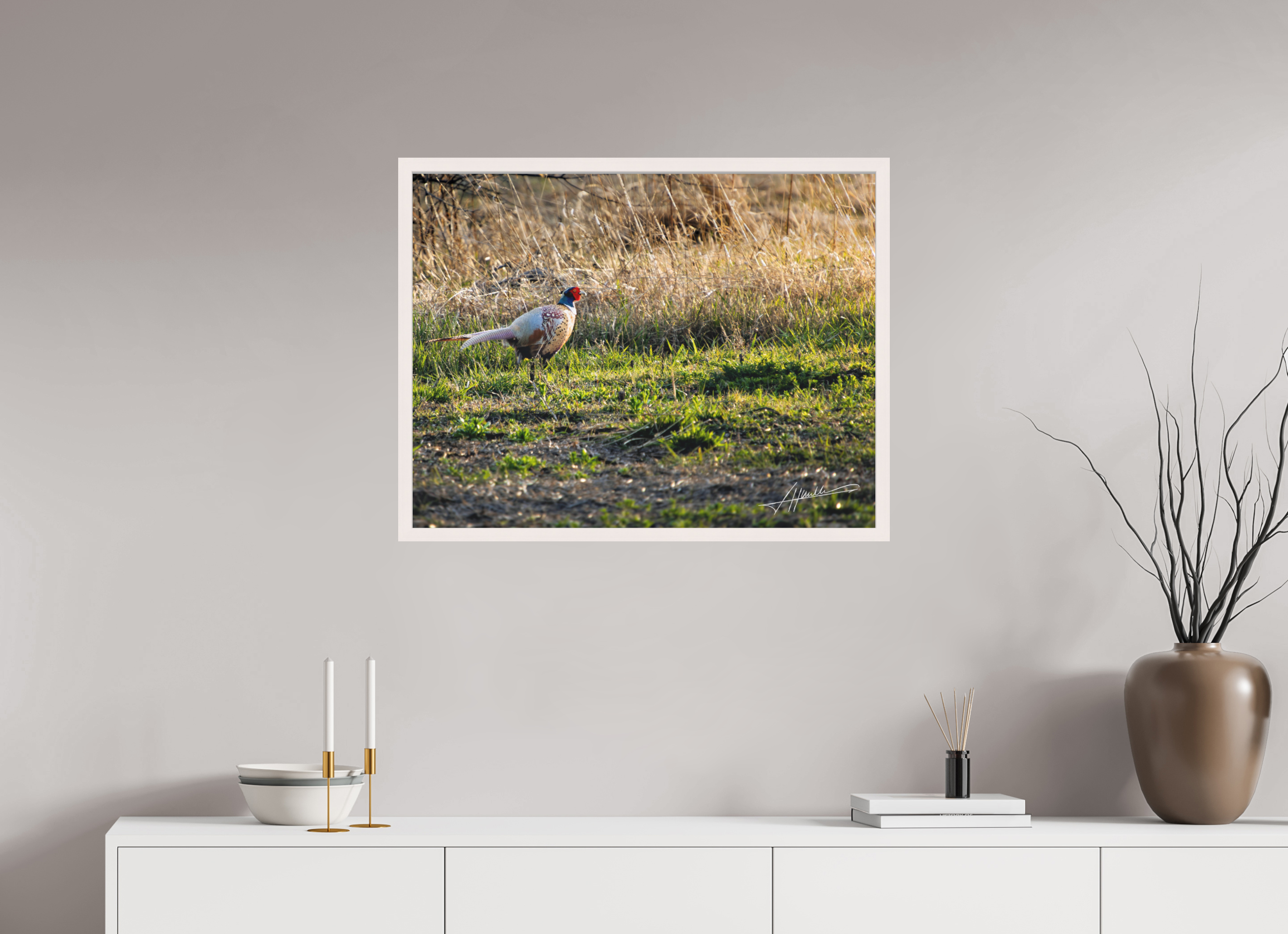 31.1 x 24″, Shadow Box Frame Evening Pheasant