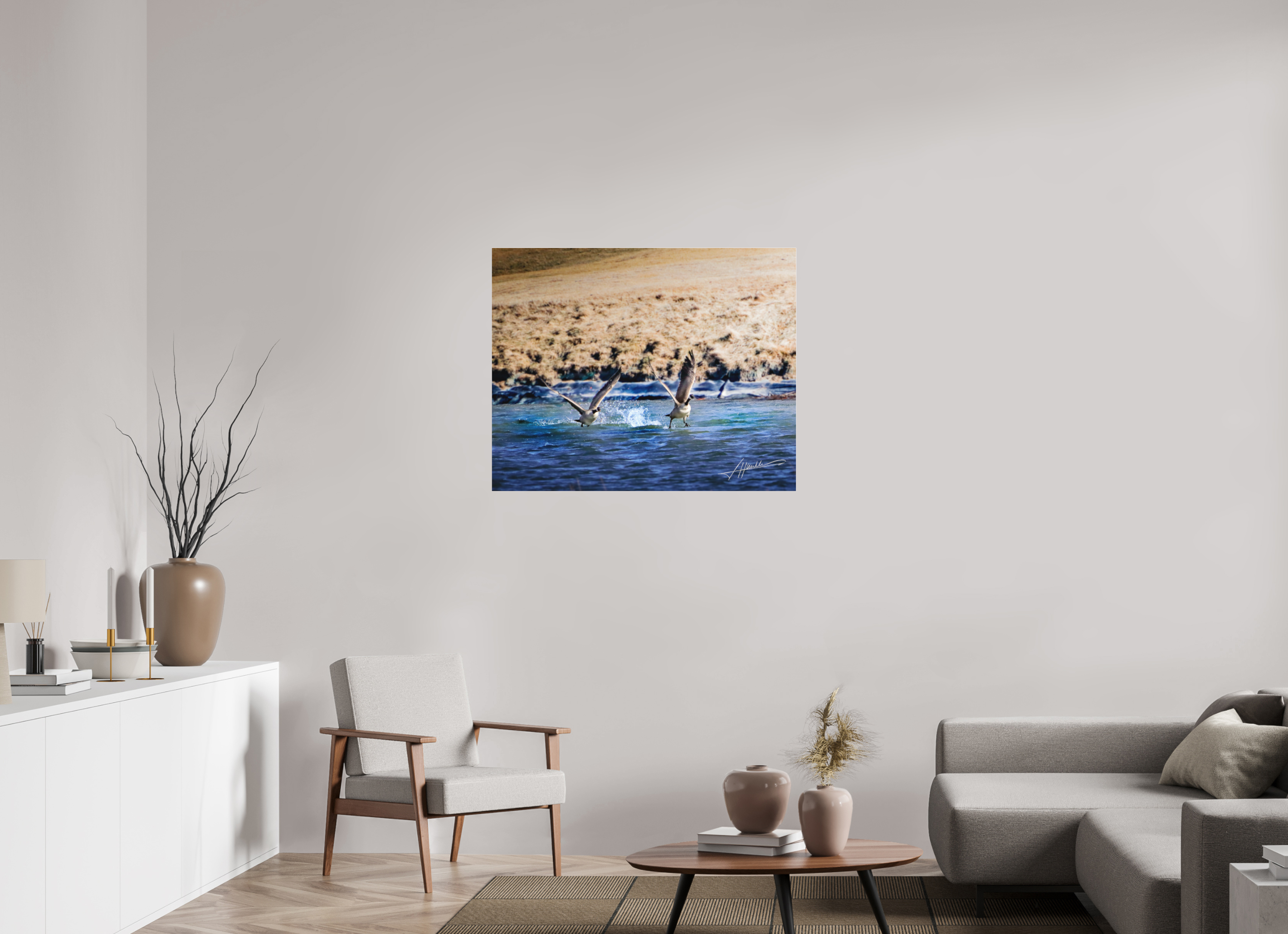 38.7 x 31″, Fine Pigment Under Acrylic Geese Taking Flight