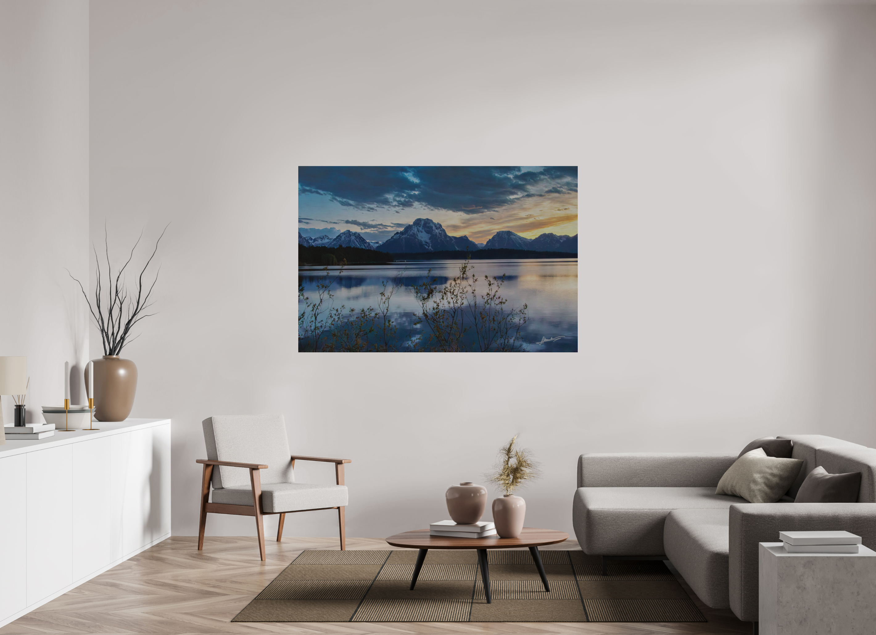 66 x 44″, Direct Brushed Aluminum Sunset on Jackson Lake