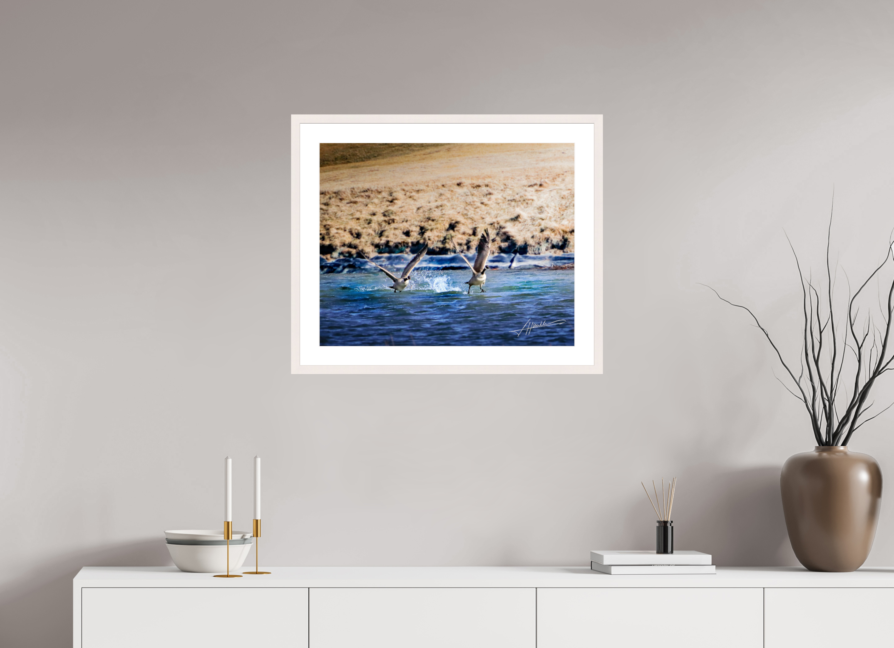 25 x 20″, Solid Wood Frame with Passe-partout Geese Taking Flight